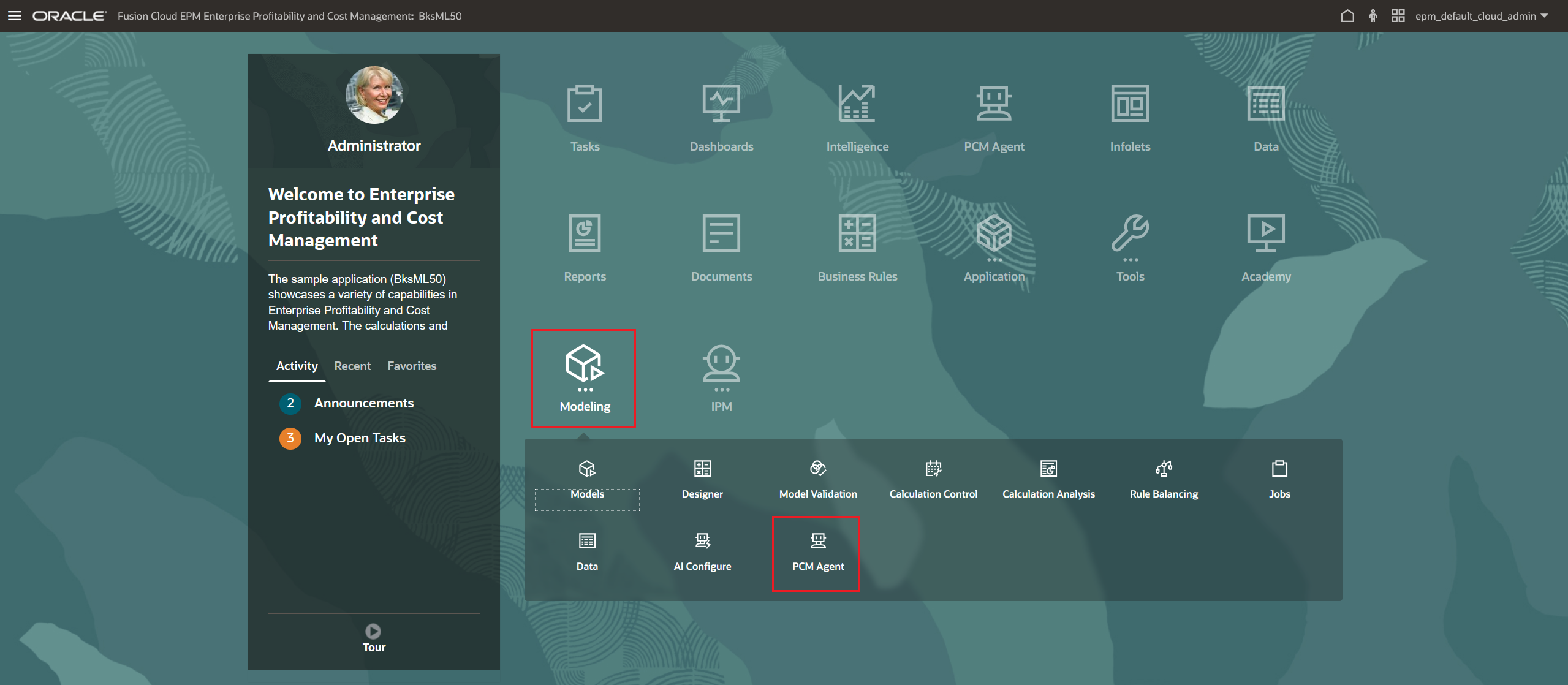 P&aacute;gina Inicial do Enterprise Profitability and Cost Management com o cart&atilde;o Agente do PCM destacado no cluster Modelagem