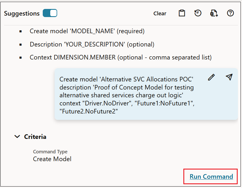 Sugest&otilde;es destacando o bot&atilde;o Executar Comando