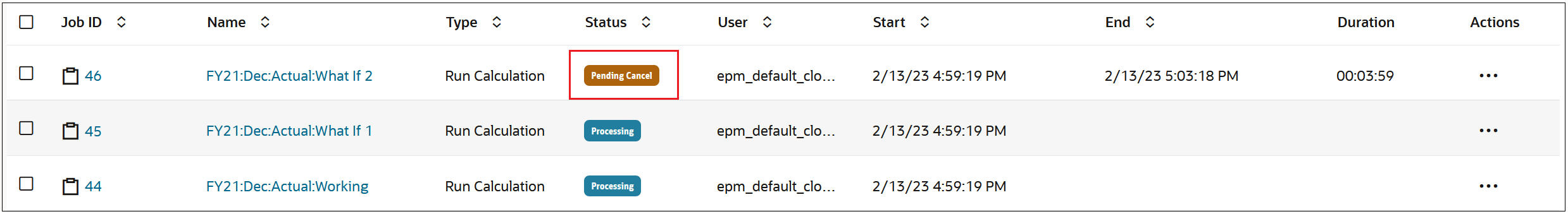 Console de Jobs mostrando um job com um status Cancelamento Pendente