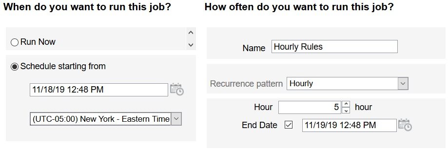 Tela mostrando quando executar um job e com que frequência