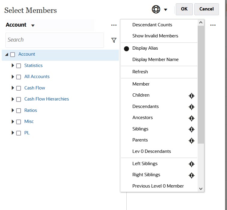 Menu de itens disponíveis com mais opções