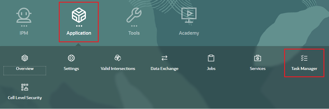 Página inicial com Aplicativo e Task Manager selecionados