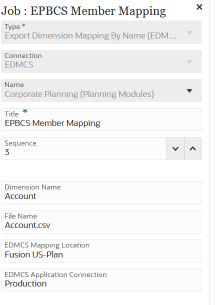 A imagem mostra exemplos de parâmetros do tipo de job EDMC (Exportar Mapeamento da Dimensão por Nome).