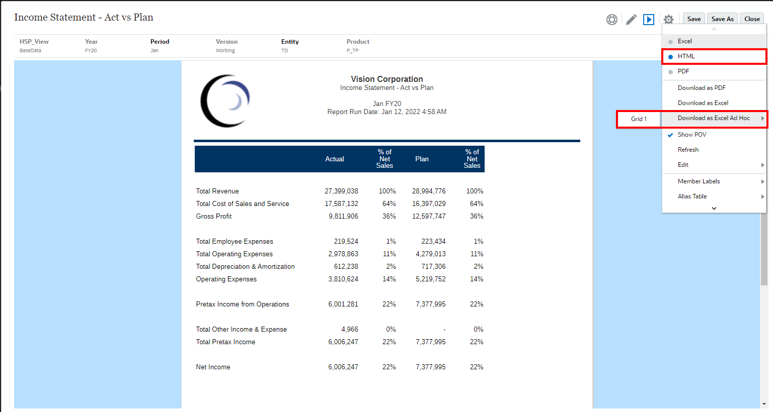 download como ad hoc do excel