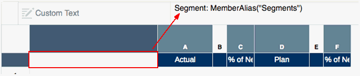 captura de tela mostrando esta fórmula: Segment: MemberAlias("Grid 1", "Segments") na célula superior esquerda