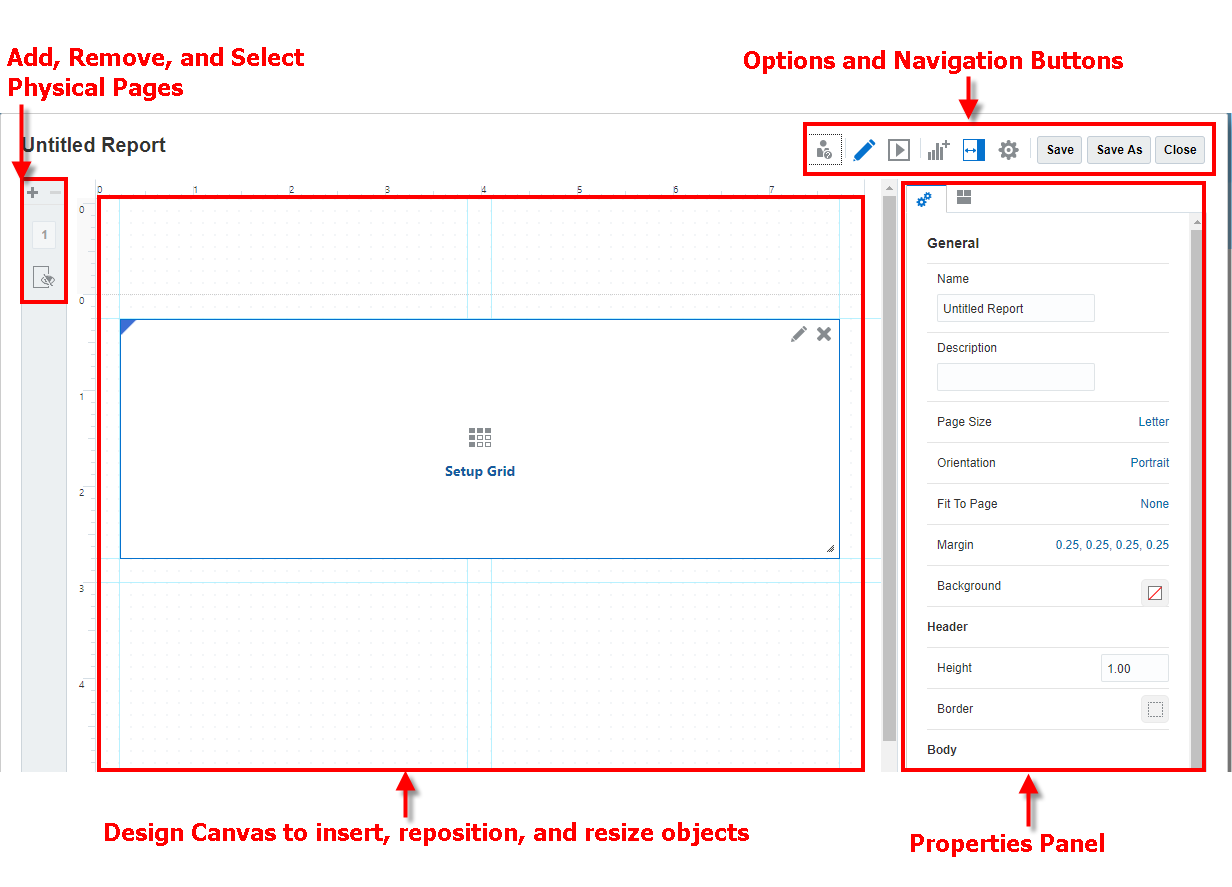 Captura de tela da interface do usuário do designer de relatórios com as áreas descritas na lista a seguir