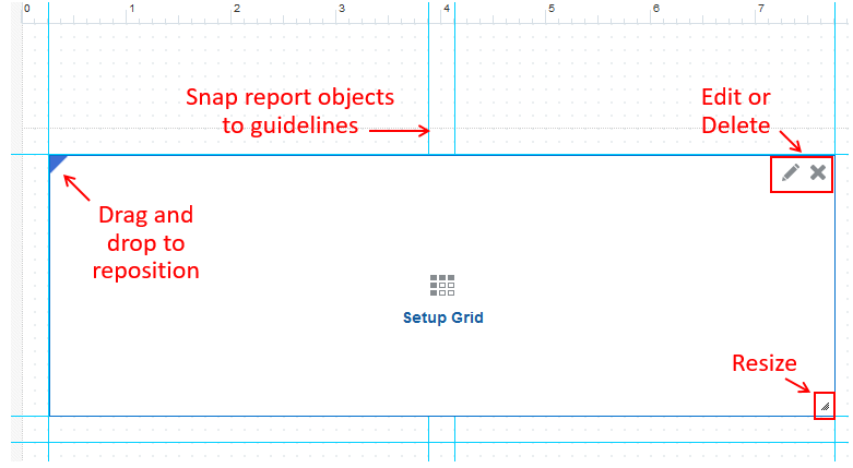 captura de tela mostrando painel de design com grade. áreas da captura de tela detalhadas abaixo