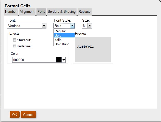 Caixa de diálogo Formatar Células com a fonte definida como negrito