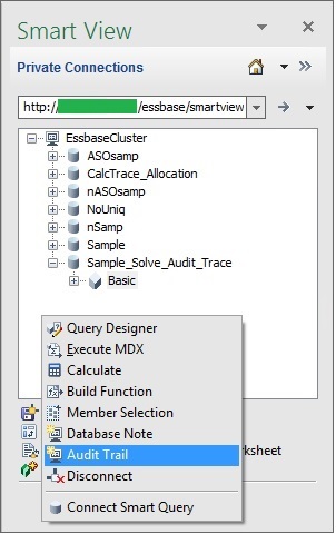 Painel do Smart View para uma conexão privada mostrando o banco de dados Básico selecionado. No Painel Ação, o item "Mais" foi selecionado para revelar mais escolhas de itens de menu em um popup com menu de contexto. O menu Trilha de Auditoria fica destacado.