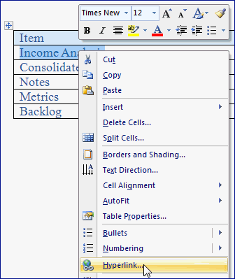 imagem de tela mostrando o menu de hiperlink