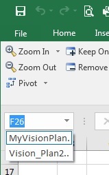 NECESSIDADE DE NOVO GRÁFICO DE EXEMPLO! A Caixa de Nome no Excel, com a lista suspensa mostrando o intervalo recém-renomeado chamado MyVisionPlan1Grid.