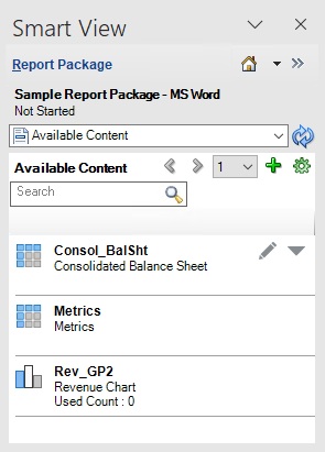 O painel Conte&uacute;do Dispon&iacute;vel mostrando tr&ecirc;s itens de conte&uacute;do dispon&iacute;veis. Um item, Consol_BalSht, &eacute; selecionado para que o &iacute;cone Editar e o menu A&ccedil;&atilde;o sejam exibidos.