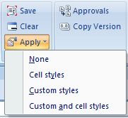 Opções de aplicação: Nenhum, Estilos de célula, Estilos personalizados, Estilos de célula e personalizado.