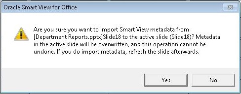 Mostra a mensagem de aviso durante a importação de metadados para um slide ou uma apresentação do PowerPoint.