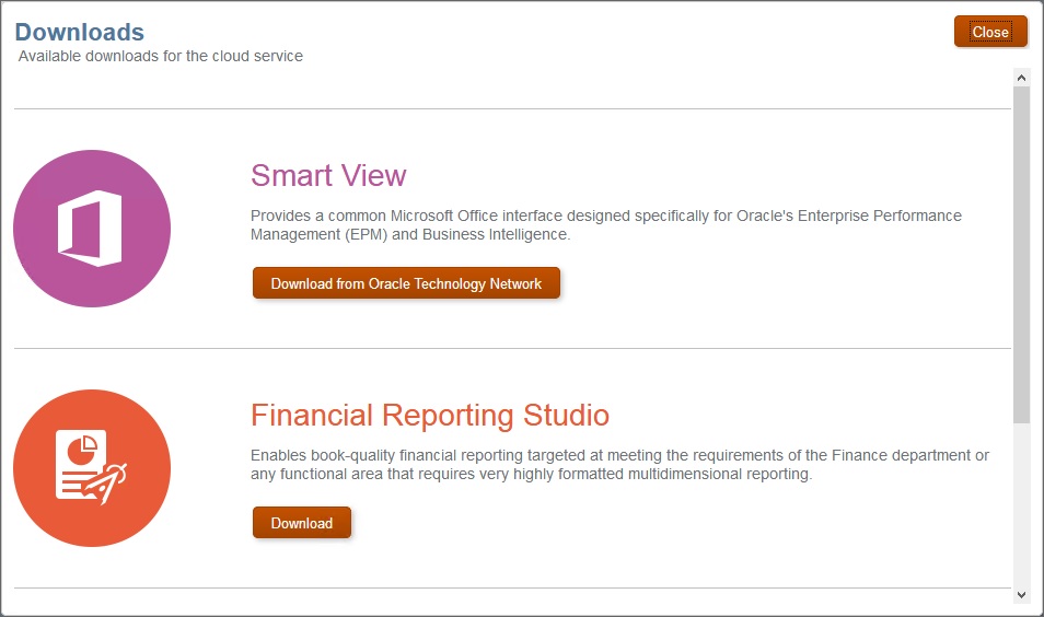 A janela Downloads mostrando o botão Fazer Download do Oracle Technology Network do Smart View.