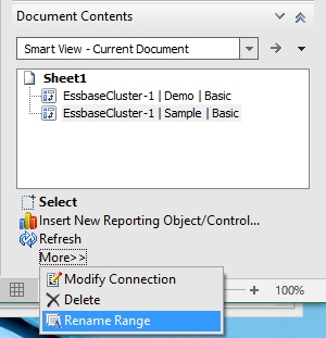 O painel Conteúdo do Documento mostrando a grade EssbaseCluster-1 Amostra Básica selecionada e o menu expandido para mostrar o comando Renomear Intervalo selecionado.