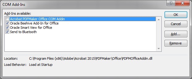 Caixa de diálogo Suplementos COM mostrando Acrobat PDFMaker Office COM Addin como desabilitado e outros add-ins disponíveis como habilitados.