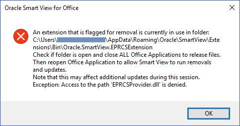 Mensagem exibida quando um aplicativo do Office está aberto durante uma atualização de extensão. Ela informa que os usuários devem fechar todos os aplicativos do Office e, em seguida, reabrir o Office para permitir que o Smart View execute as atualizações de extensão.