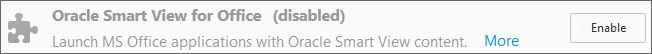 Entrada Oracle Smart View para Office na lista de extensões. O botão Habilitar é exibido, o que significa que a extensão está desabilitada.