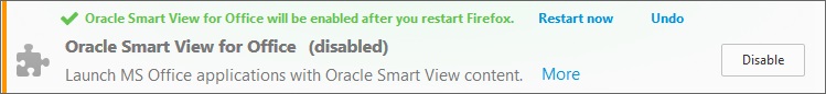 Entrada do Oracle Smart View para Office na lista de extensões mostrando o botão Desabilitar. Uma mensagem indica que a extensão será habilitada após a reinicialização do Firefox. Um link Reiniciar agora também pode ser clicando para iniciar imediatamente a reinicialização.