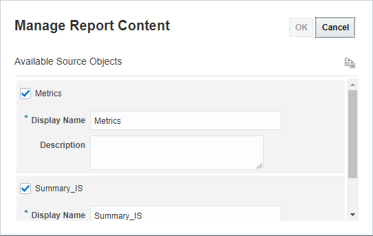 Caixa de diálogo Gerenciar conteúdo do relatório usada para adicionar e excluir conteúdo incorporado.