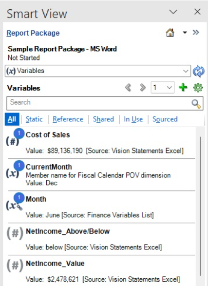 Use a opção Variáveis do Smart View para adicionar variáveis a variáveis estáticas e de referência.