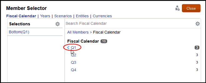 Trimestre um em calendário fiscal mostrado no seletor de membro