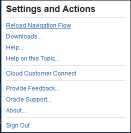 Menu de Configurações e Ações