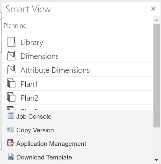 Painel Início do Smart View inicial, mostrando a pasta Dimensões e a pasta Dimensões do Atributo