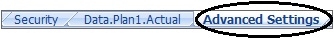 Guias da planilha de um modelo de aplicativo do Excel mostrando a convenção de nomeação para a planilha de configurações avançadas, "Configurações Avançadas".