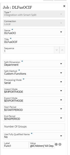 O tipo de job Integra&ccedil;&atilde;o com Divis&atilde;o Inteligente para a Dimens&atilde;o de Divis&atilde;o "Departamento" e o M&eacute;todo de Divis&atilde;o "Fun&ccedil;&otilde;es Personalizadas".