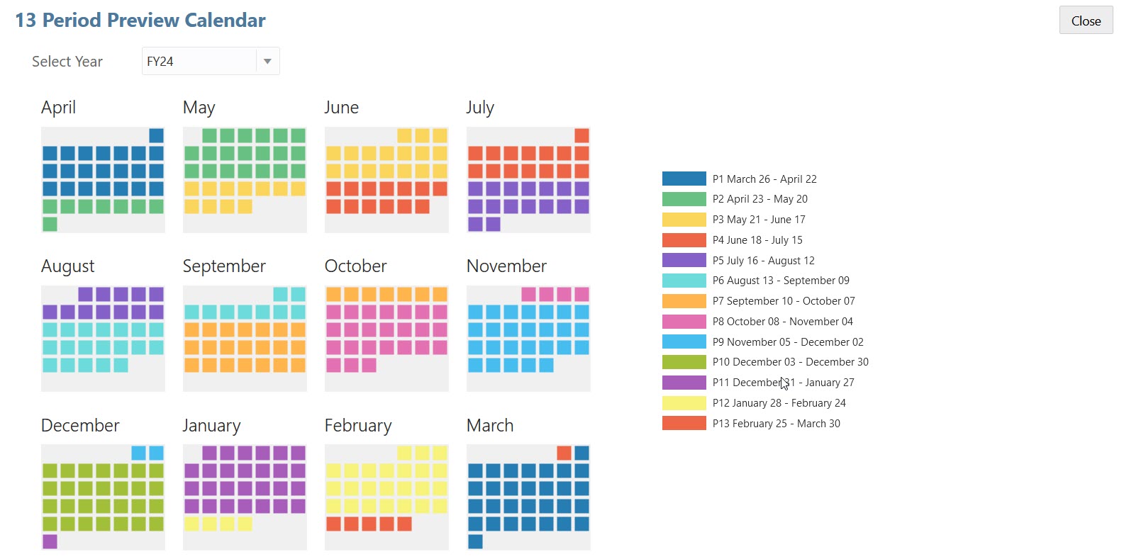 Calendário com Visualização de 13 Períodos para FY24 com a opção Ano do Calendário Anterior selecionada