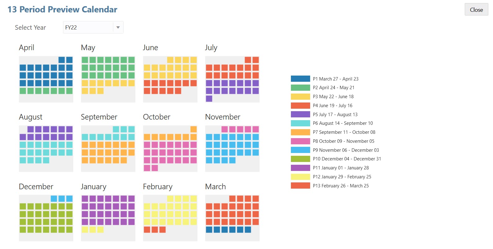 Calendário com Visualização de 13 Períodos para FY22 com a opção Mesmo Ano do Calendário selecionada