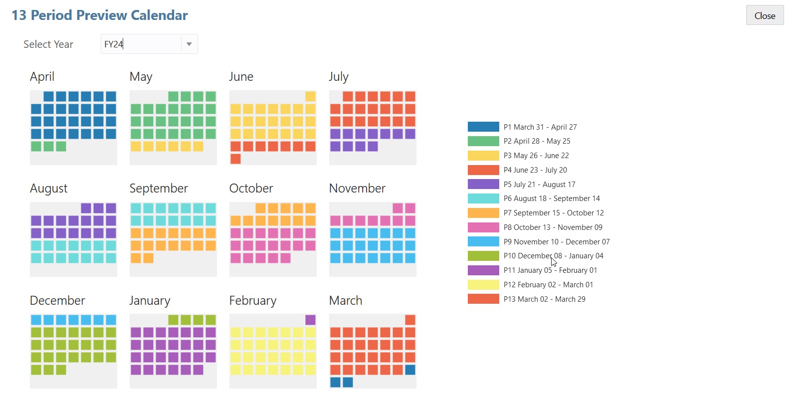 Calendário com Visualização de 13 Períodos para FY24 com a opção Mesmo Ano do Calendário selecionada