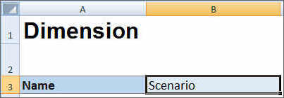 Parte da planilha de modelo de aplicativo do Excel mostrando "Dimensão" como o tipo de planilha na célula A1, o rótulo, Nome, na célula A3, e o nome da dimensão, Conta, na célula B3.