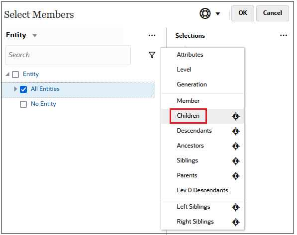 Caixa de diálogo Selecionar Membros com Todas as Entidades e o ícone Incluir ao lado de Filhos selecionados