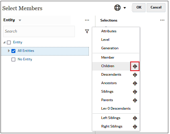 Caixa de diálogo Selecionar Membros com Todas as Entidades e o ícone Incluir ao lado de Filhos selecionados