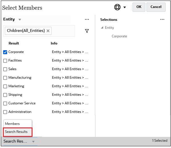 Caixa de diálogo Selecionar Membros com o resultado de uma pesquisa exibida em Filhos de Todas as Entidades