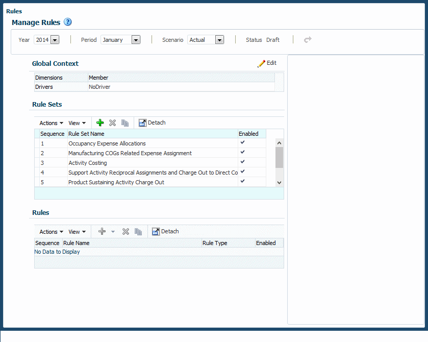 Você pode selecionar um PDV, definir um contexto global, definir conjuntos de regras e definir regras na área de conteúdo Gerenciar Regras.
