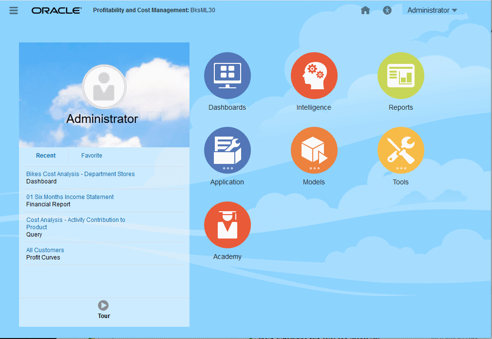 Home page do Profitability and Cost Management Cloud conforme descrita nos parágrafos a seguir.