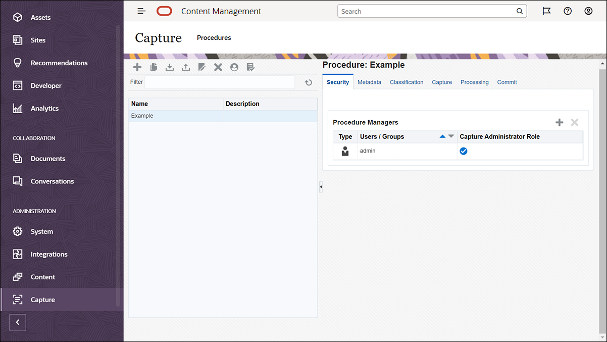 Если выбрать "Захват" на панели навигации в Oracle Content Management, отображается страница "Процедуры Content Capture"