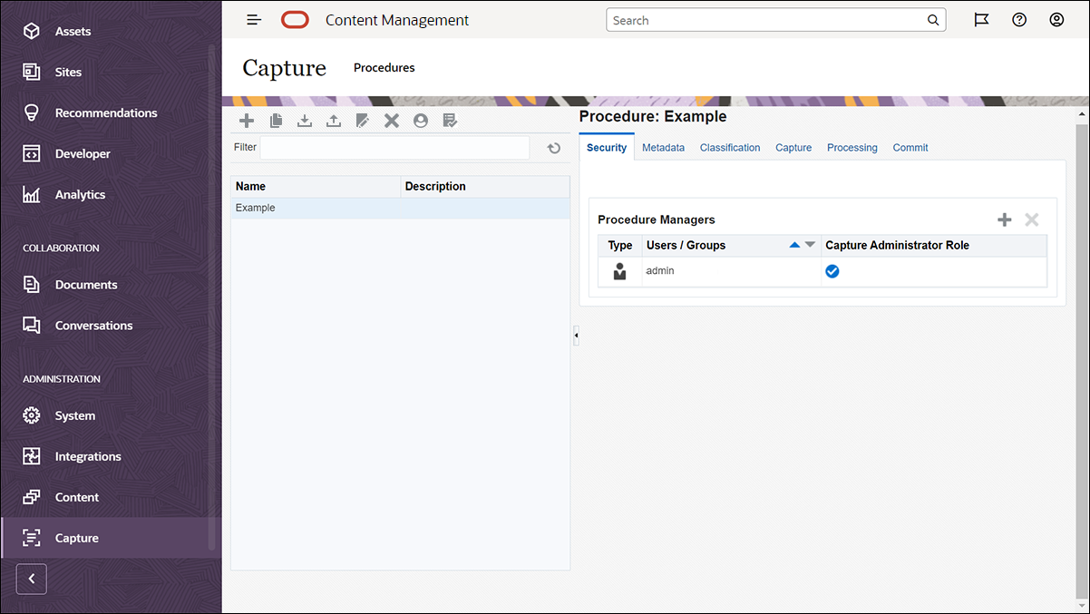 Zobrazuje stránku procedúr Content Capture po výbere položky Capture na navigačnom paneli služby Oracle Content Management