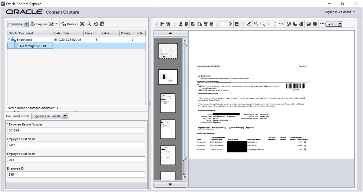 Visar Content Capture-klientens gränssnitt med ett öppet dokument i en batch
