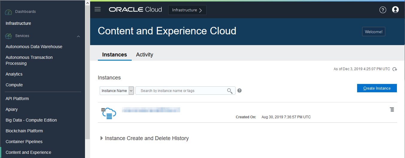 Instanser av Oracles moln för innehåll och upplevelse som körs i konsolen för Oracles molninfrastruktur