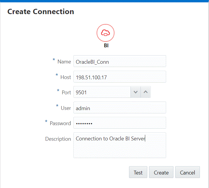 ไดอะล็อกสร้างการเชื่อมต่อสำหรับการเชื่อมต่อ Oracle BI