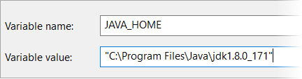 ตัวแปรแวดล้อม JAVA_HOME ของระบบได้รับการตั้งค่าเป็น "C:\Program Files\Java\jdk1.8.0_171"