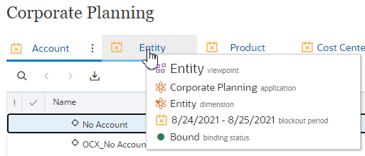 屏幕截图显示了 Corporate Planning 应用程序中 Entity 视点的阻止期间