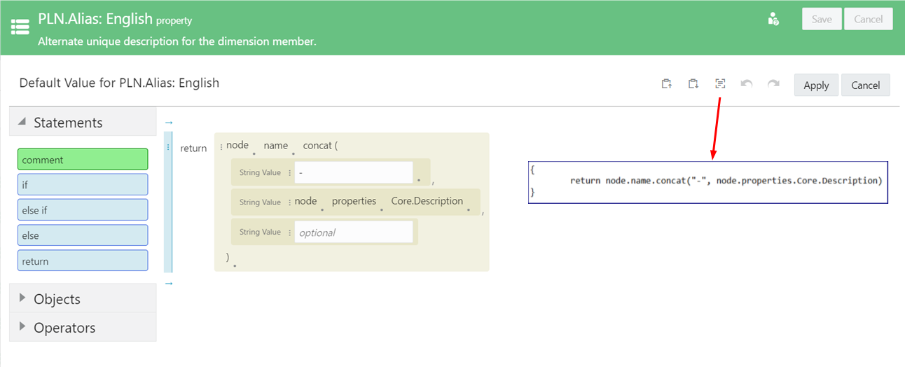 屏幕截图将表达式 "Alias:English equals node name concat hyphen, node description" 显示为文本