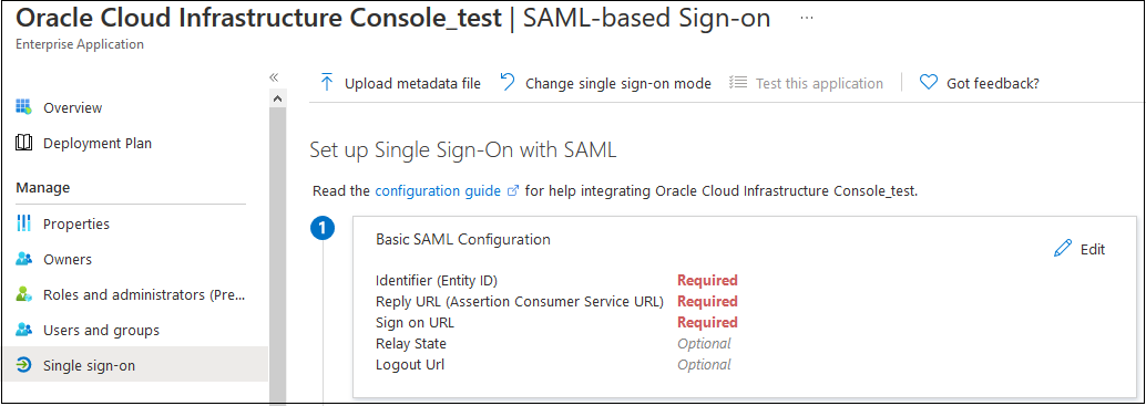 Oracle Cloud Infrastructure 控制台企业应用程序的基本 SAML 配置设置