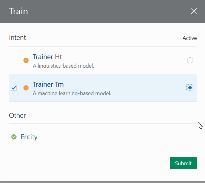 训练程序 Tm 的 "Train"（训练）对话框和选项